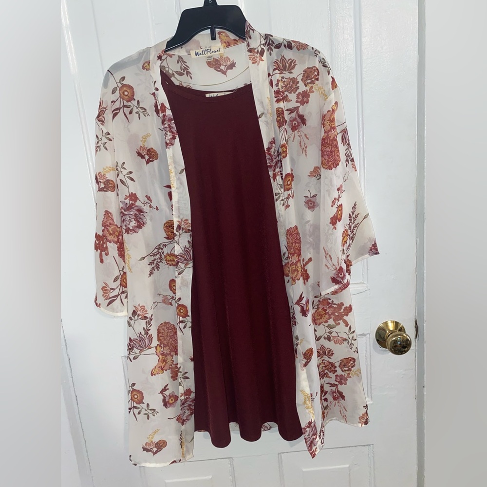 Simple maroon dress with floral wrap